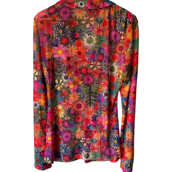 Natural Life Sz XL Carina Mesh Top Vivid Floral Flower Power Fitted Low V Sheer - Picture 2 of 16